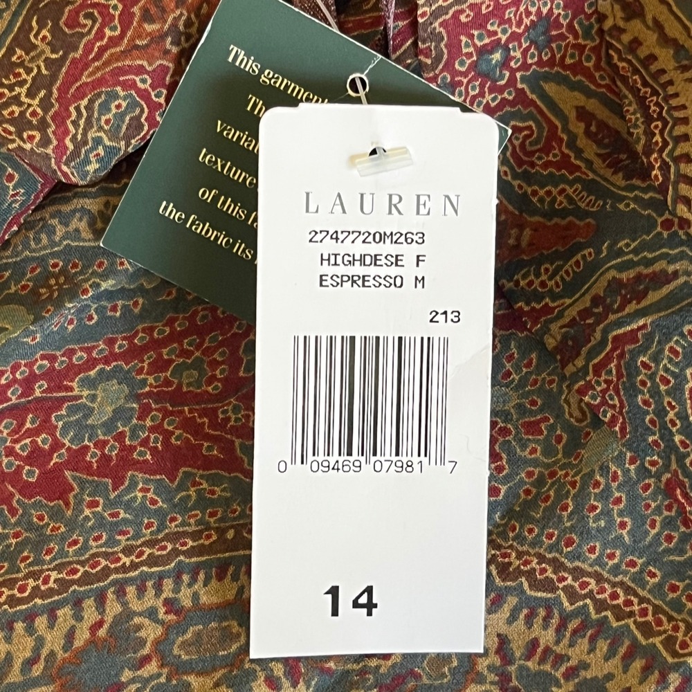 Lauren Ralph Lauren Silk Paisley Midi Skirt Size 14 NWT Brown Ruffle Hem - Picture 7 of 11